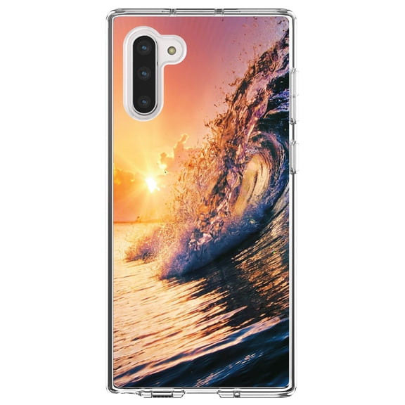 DistinctInk Clear Shockproof Hybrid Case for Samsung Galaxy Note 10 (6.3" Screen) - TPU Bumper, Acrylic Back, Tempered Glass Screen Protector - Ocean Wave Sunset