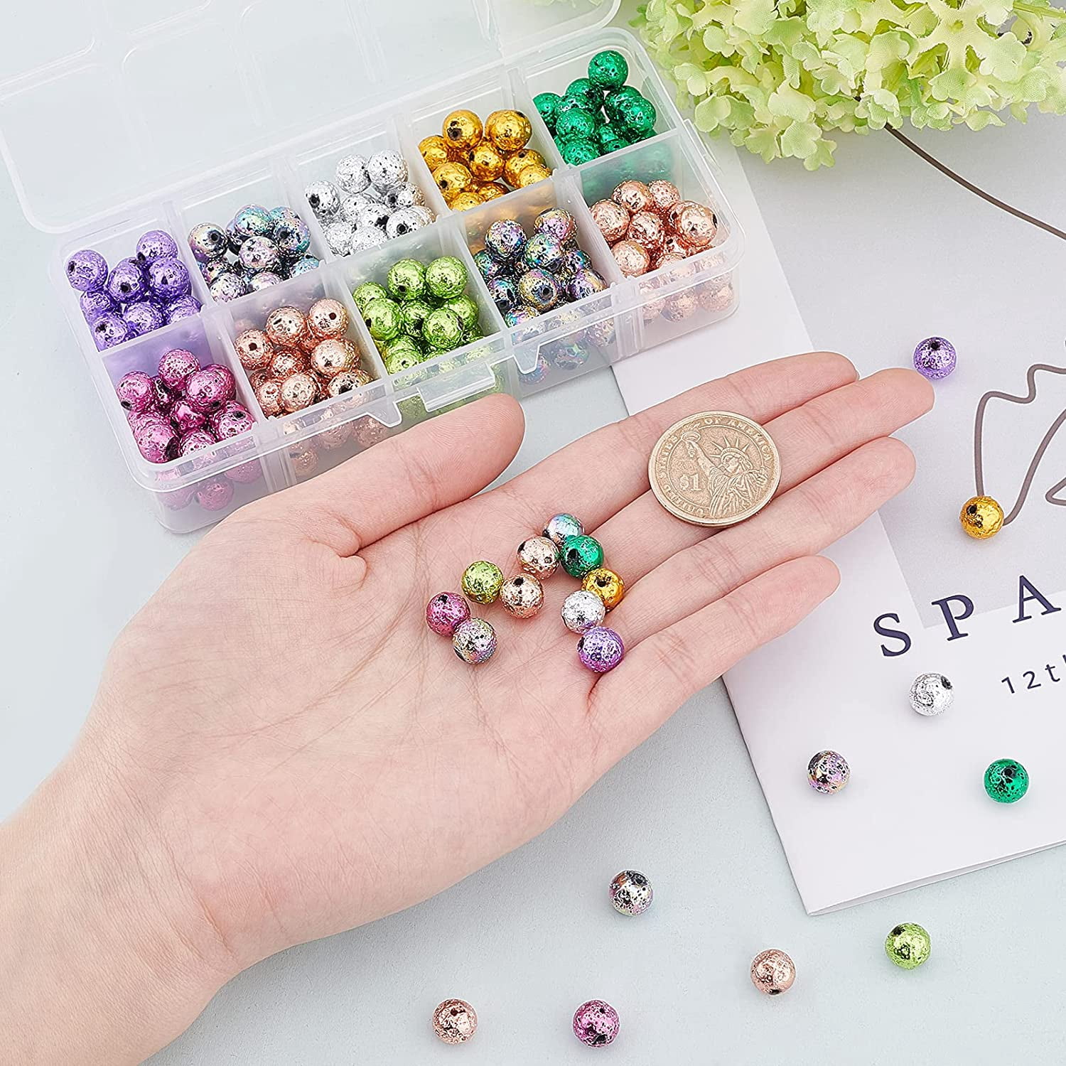 1 Set 250 Pcs Electroplated Natural Lava Beads Strands 2 Rolls Elastic Crystal Thread 10 Colors Round Beads for Essential Oil Bracelet Jewelry Making Kit