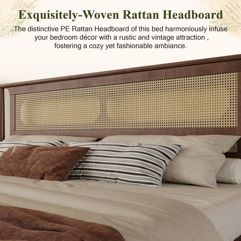 King Size Wooden Platform Bed with Rattan Headboard, Low-Profile Bed Frame with 8.6'' Under-Bed Storage