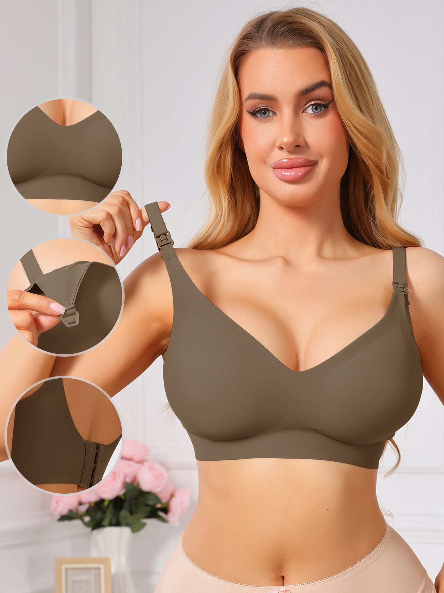 DARING DIVA Women's Seamless Wireless Nursing Bra with Beastfeeding Clasp M Brown