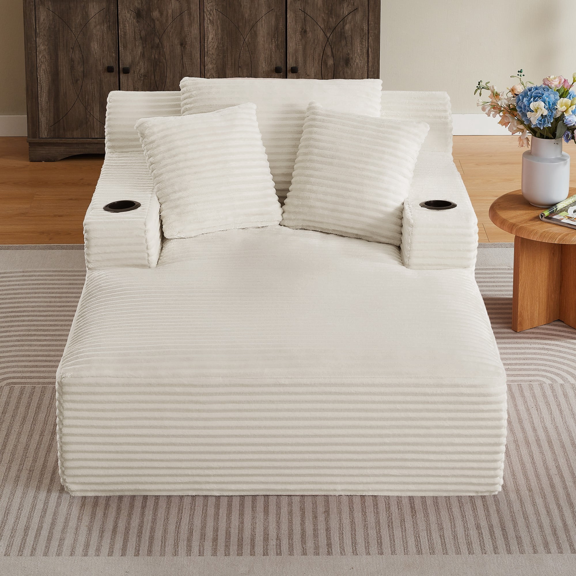 BSHTI 66.1" Corduroy Oversized Chaise Lounge Chair with Cup Holder, Side Pockets and Boneless Design for Living Room（White）