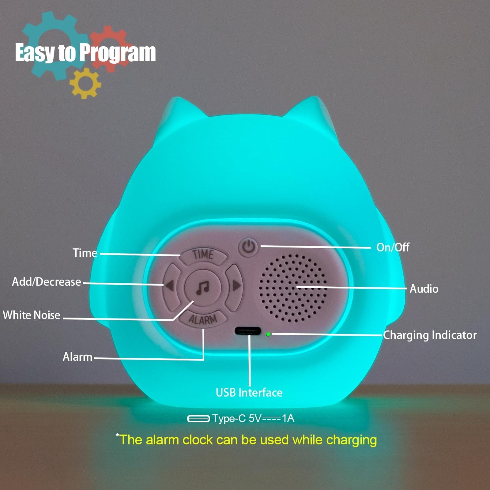Alarm Clock with Sound Machine for Kids, 6 White Noises and 9 Colors Night Light, Ok to Wake Clock, Include 1800mAh Battery for Portability and Memory Function, for Kids