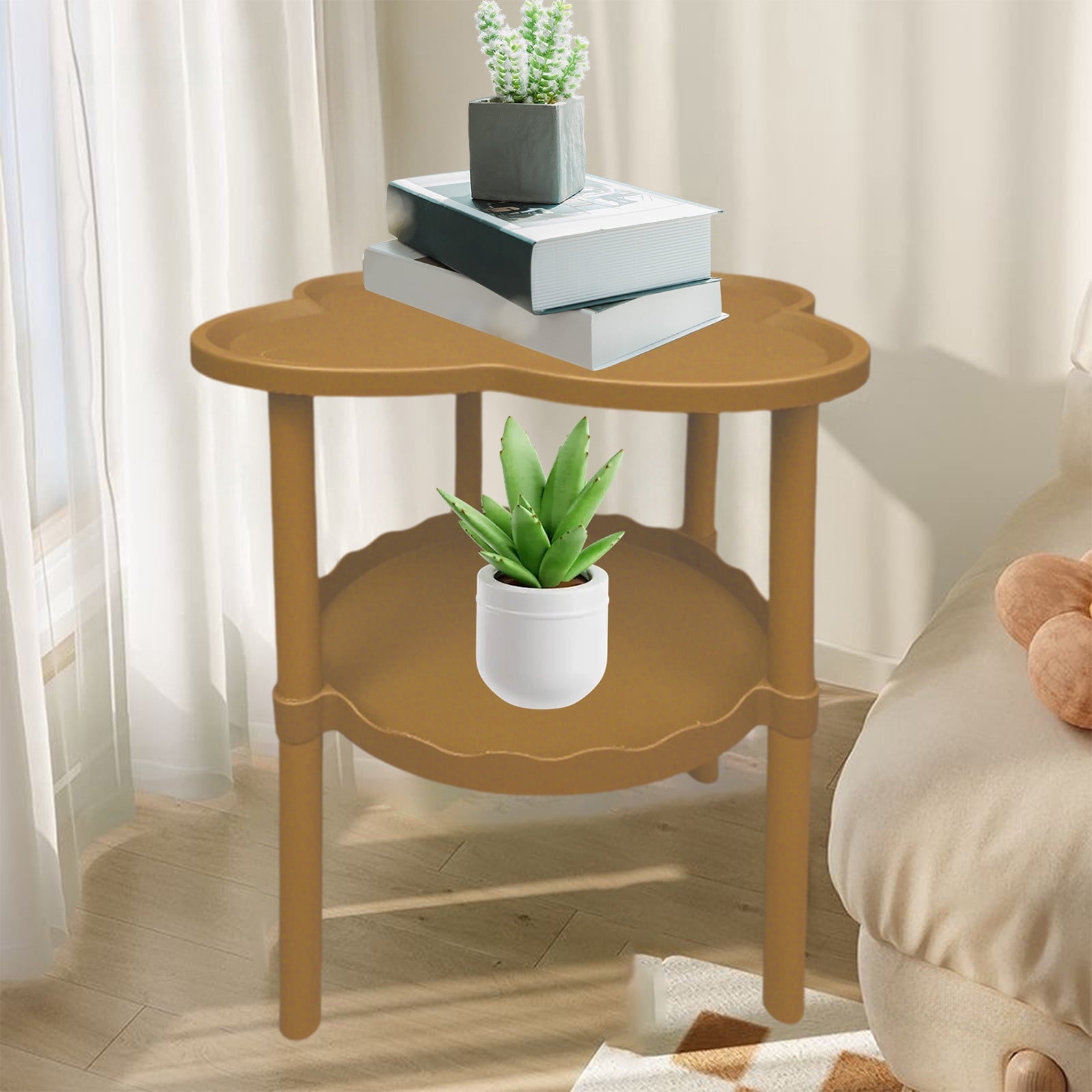 Movable Four Leaf Clover Shape Storage Side Table, Wheeled Sofa End Table Living Room Snack Table with Cloud Shelf, Flexible Storage Solution for Compact Spaces and Modern Home Living
