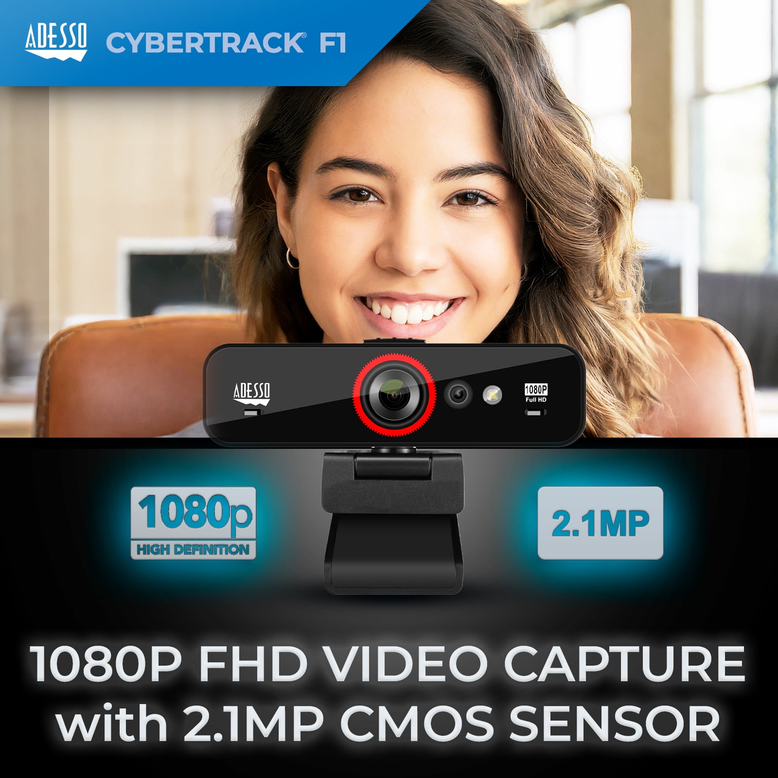 Adesso F1 True 1080P Webcam with Windows Hello, Computer Camera for PC Built-in Dual Microphone
