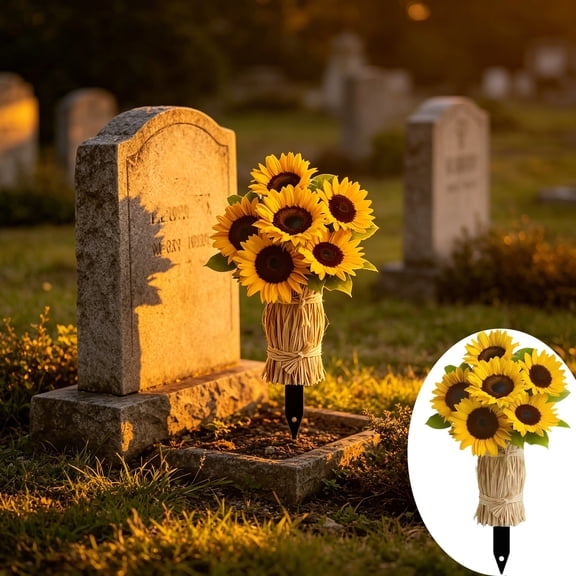 Artificial Sunflowers Bouquet with Vase, Fake Flowers for Cemetery Decoration Outdoor Memorial Grave Tombstone Holiday Display