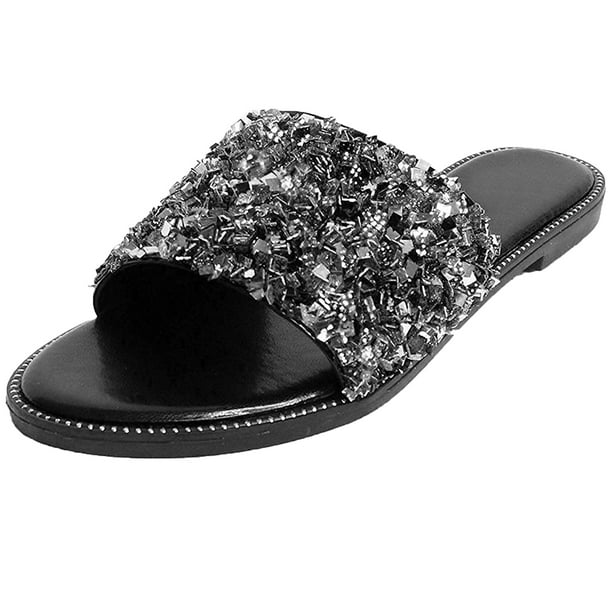 black sparkle flat sandals