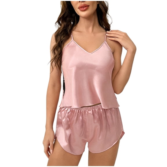 Womens 2 Pacs Sets Satin Pajamas with Shorts Sleepwear Set Camisole Top V Neck Sleeveless Pjs with Pjs Shorts Lounge Causal Nightwear Loungewear