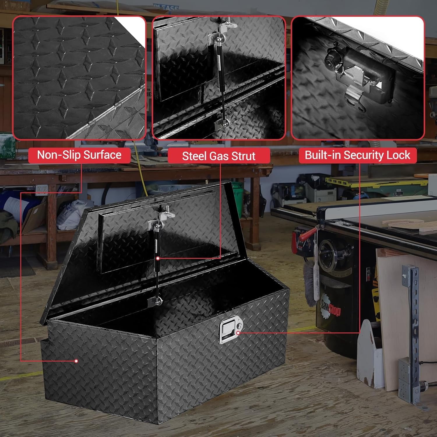 Ladcaser 33" Trailer Tongue Box Heavy Duty Aluminum Trailer Tool Chest Box with Lock and Keys, Diamond Plate Storage Box for Pick Up Truck RV Trailer