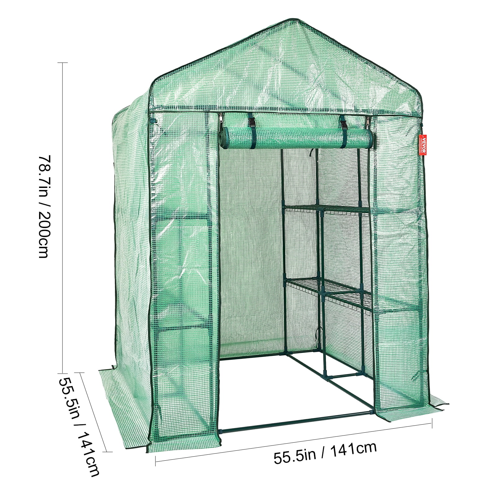 VEVOR Walk-in Green House, 4.6 x 4.6 x 6.6 ft , Greenhouse with Shelves, High Strength PE Cover with Zipper Door and Steel Frame, Assembly in Minutes