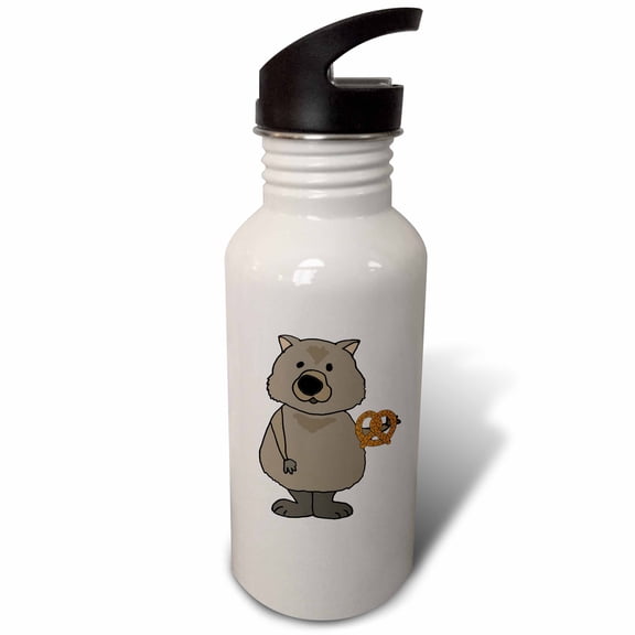 3dRose, Cute Funny Wombat eating Pretzel Cartoon, Flip Straw 21oz Water Bottle
