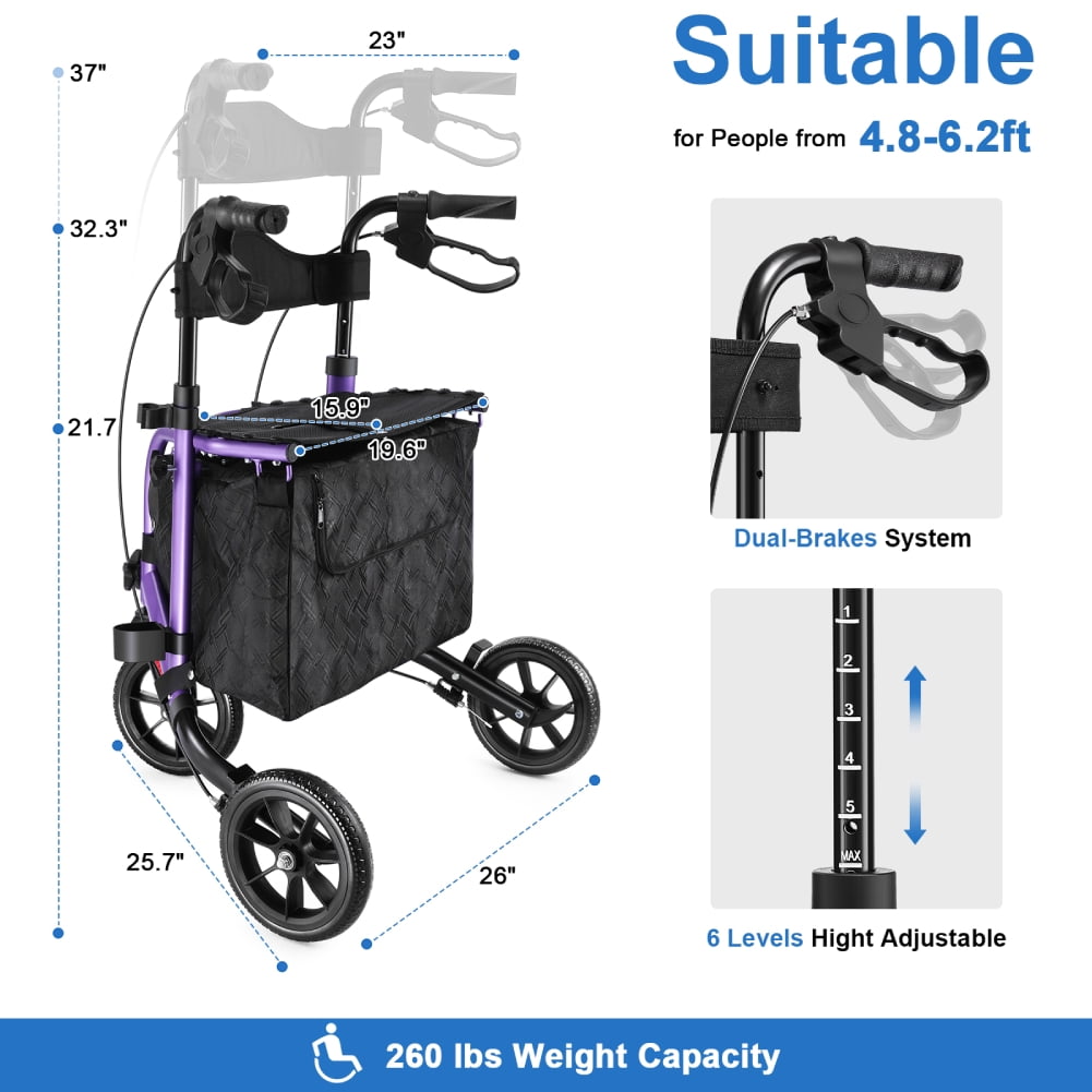 WalkMate 3 Wheel Rollator Walker for Slim Senior, 8'' Wheel Lightweight Folding Walker, Purple