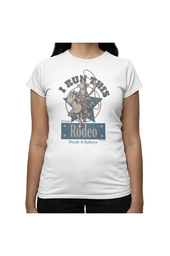 Pixar Toy Story I Run This Rodeo Woody Bullseye Women's T Shirt (White, S-XXL)