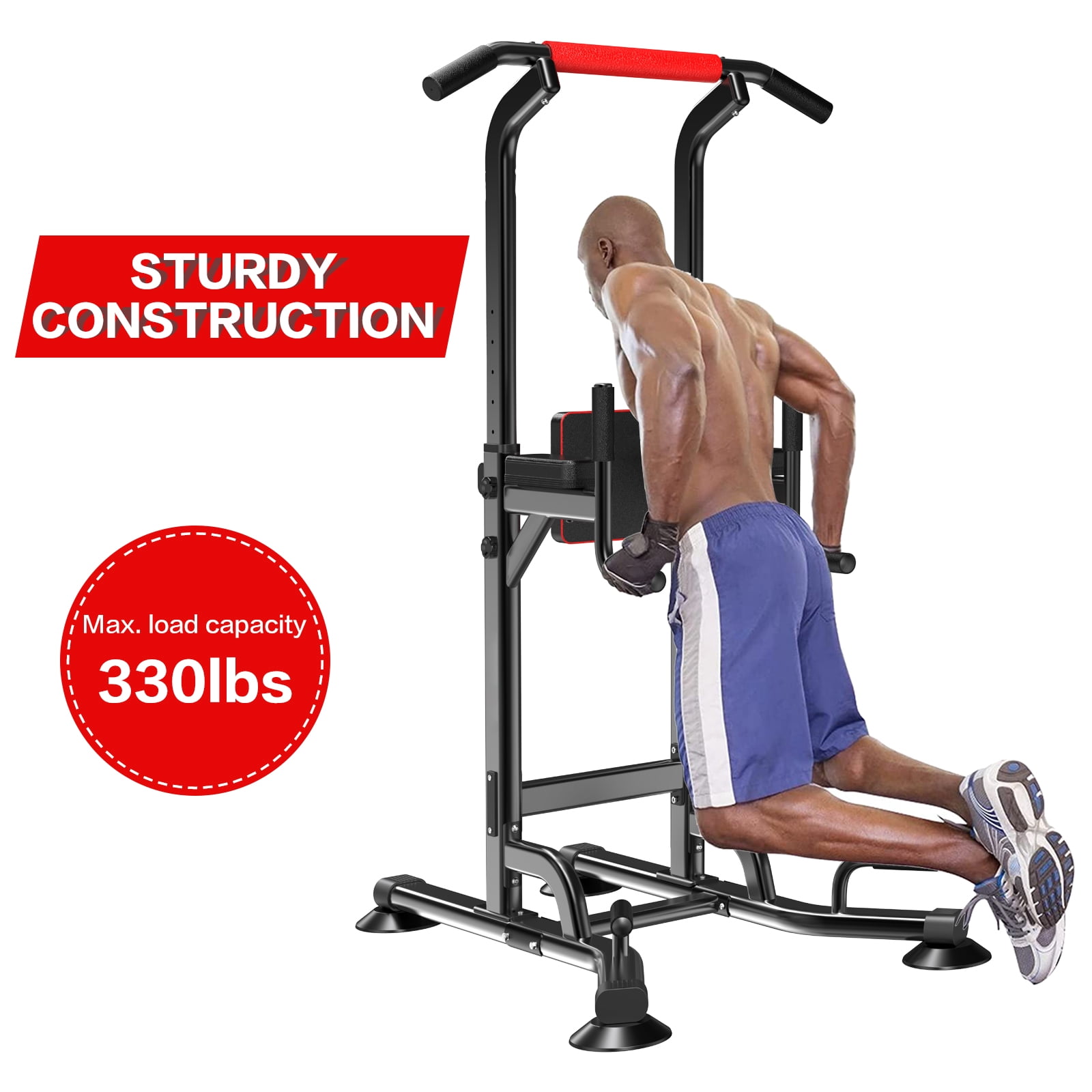 Power Tower Pull Up Bar Station Dip Stands with 6 Height Levels 59”-90” for Home Gym Workout Station Strength Training Equipment