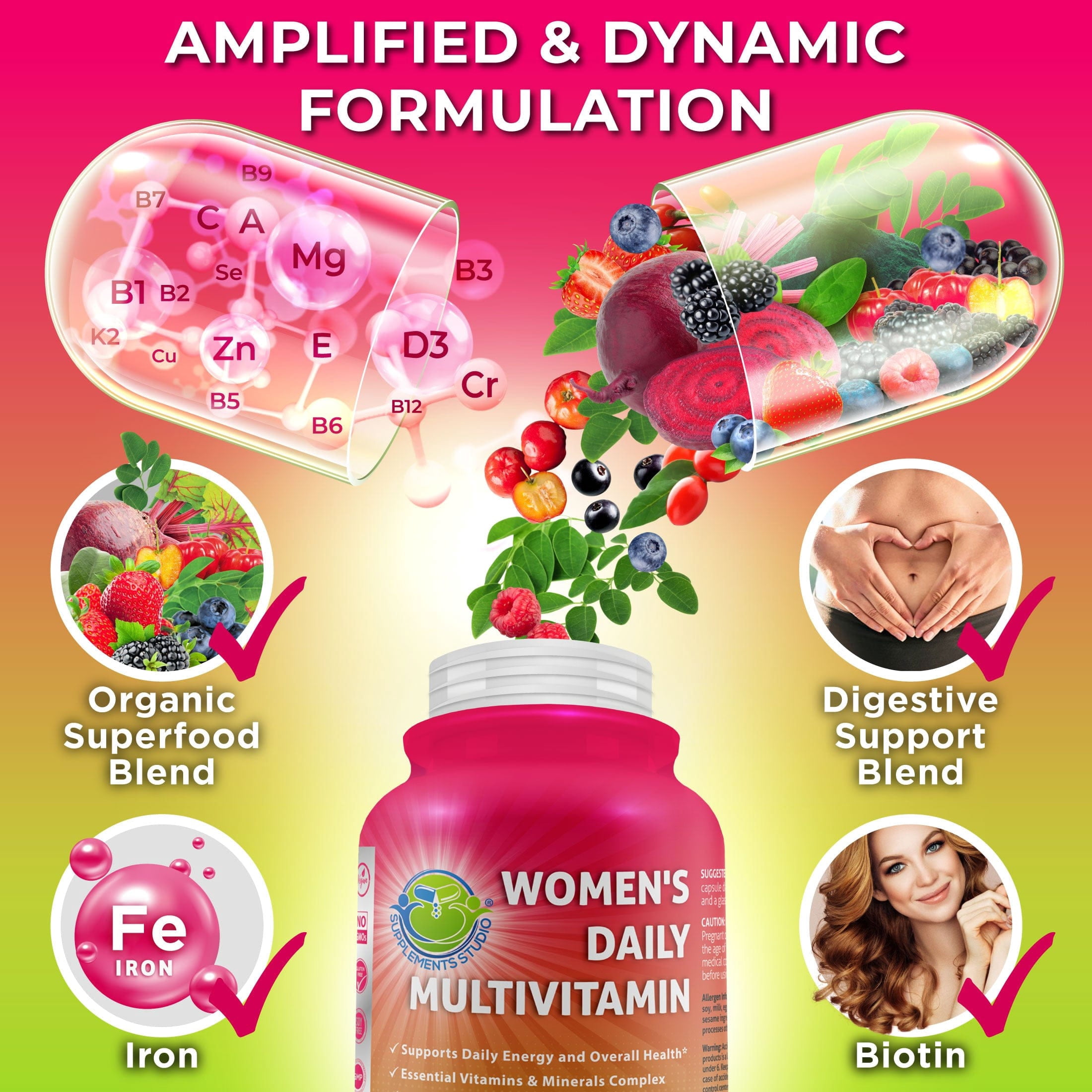 Women's Daily Multivitamin - Vegan Multivitamin for Women, Optimal Health and Immune Support, Energy Boost, Made with Fruits & Vegetables, B-Complex, Probiotics, Enzymes, CoQ10, Non-GMO, 60 Count