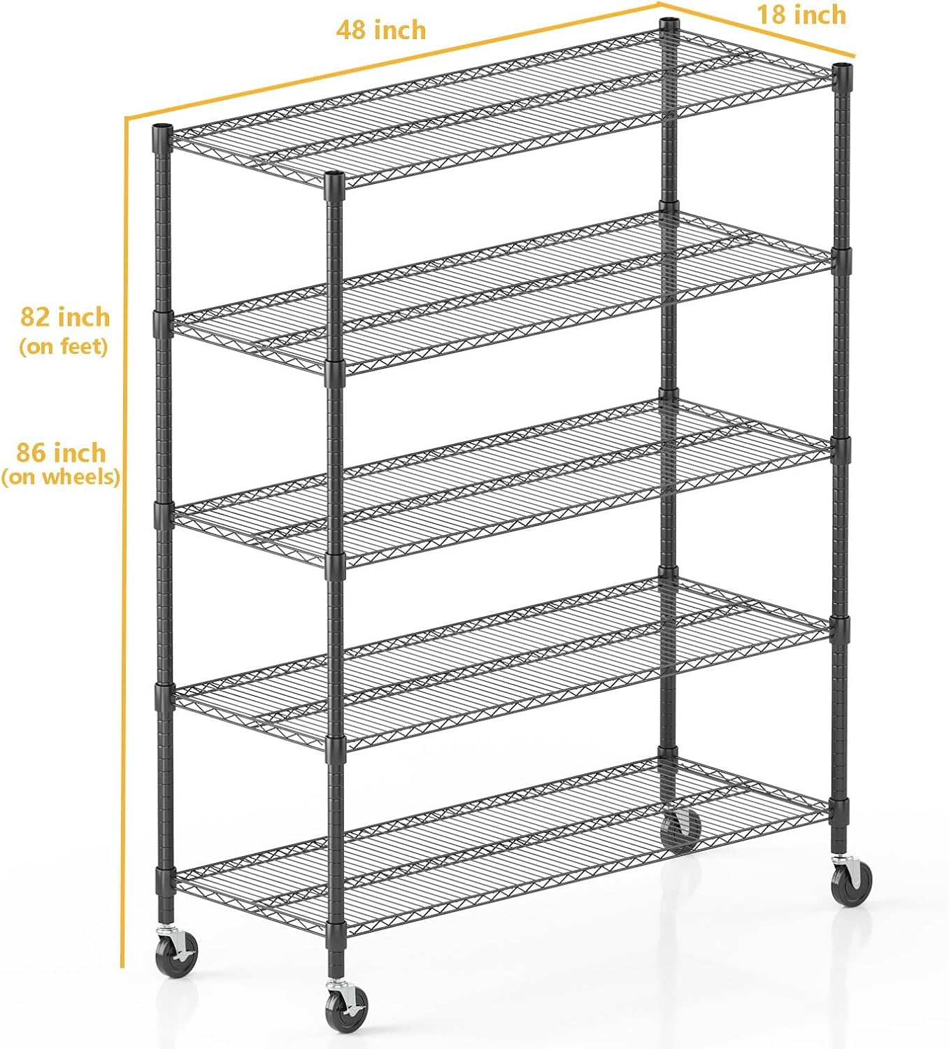 Sailvan 48"W x 18"D x 82"H Heavy Duty Wire Shelving Unit, 3000LBS Capacity 5-Tier Metal Storage Shelves with Wheels, Adjustable Garage Rack,Black
