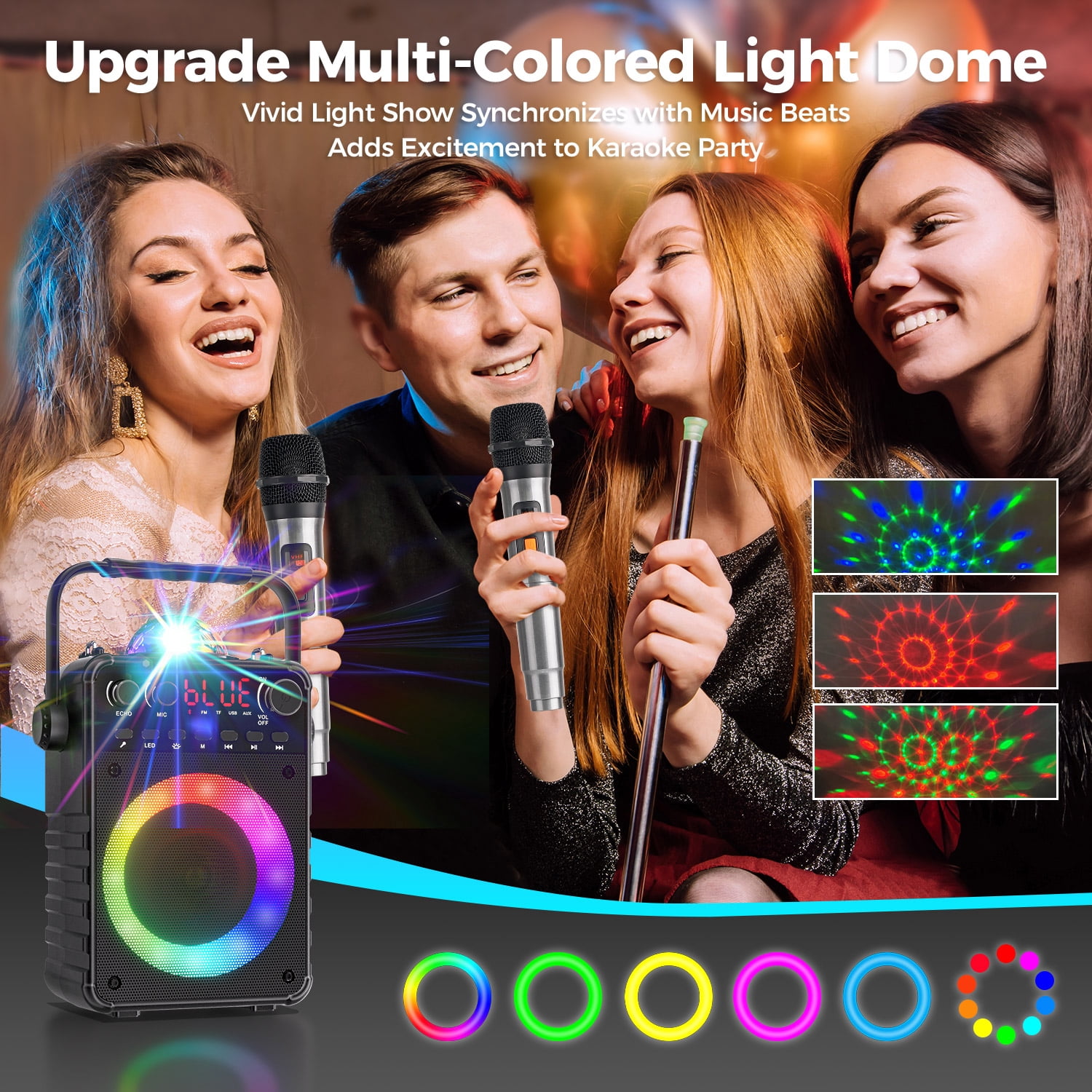 Bonaok Karaoke Machine, Portable Bluetooth Karaoke Speaker with 2 Wireless Microphones, PA System with LED Lights for Home Party