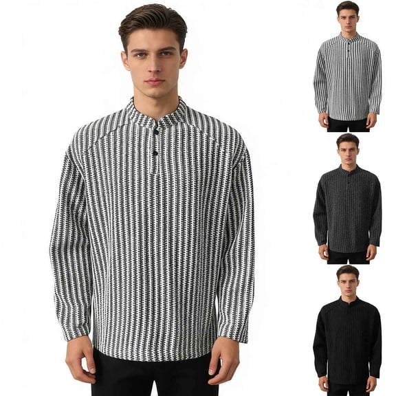 Men's Striped Ribbed Knit Sweater Casual Long Sleeve Polo Sweater Henley Crew Neck Polo Shirts Solid Pullover Tops Big and Tall Size 5XL White