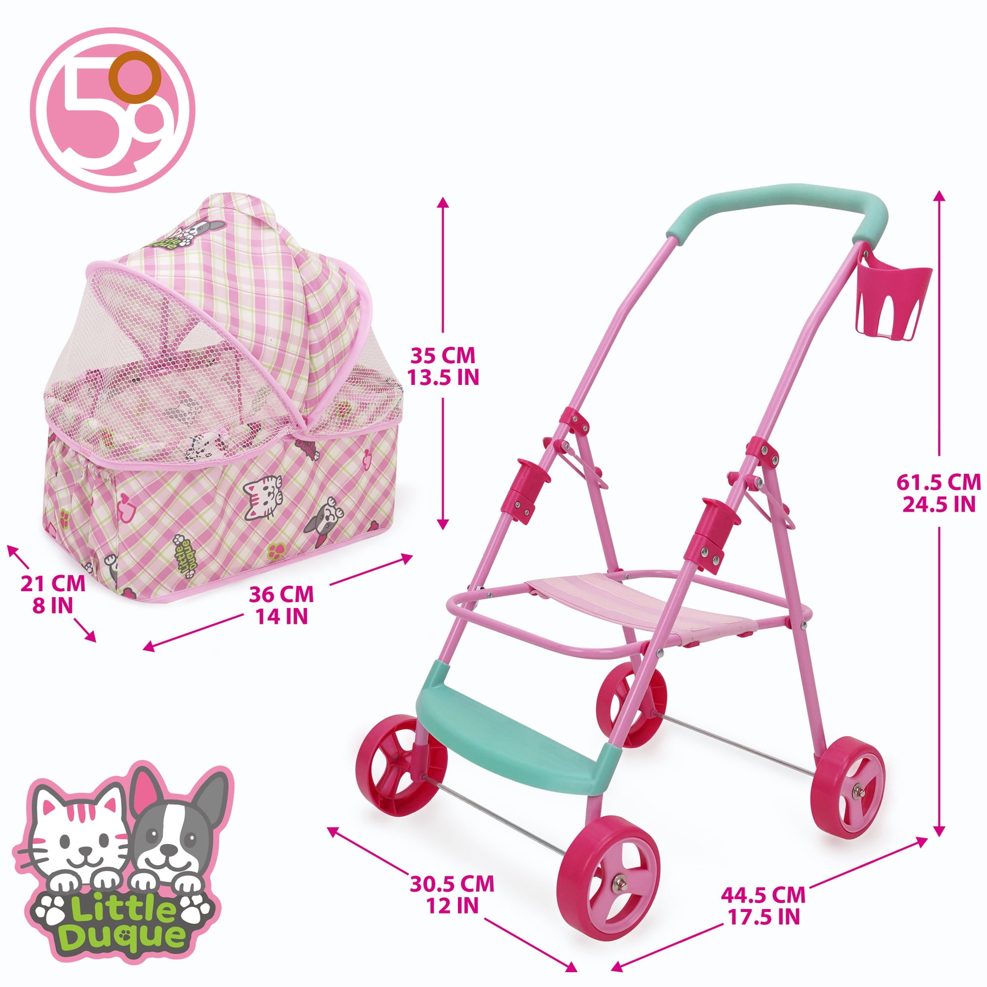 509 Crew: Little Duque 2-In-1 Pet Doll Toy Pram - Pink-Puppy-Kitten Print, Stuffed Animal Stroller w/ Removable Bassinet, Sun Canopy, Roleplay, Kid 3+