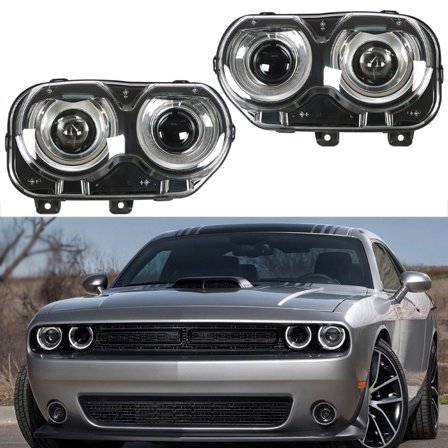 SEBLAFF Right&Left Headlight For 2015-2018 Dodge Challenger Black Halogen W/ LED