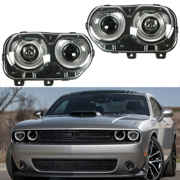 SEBLAFF Right&Left Headlight For 2015-2018 Dodge Challenger Black Halogen W/ LED