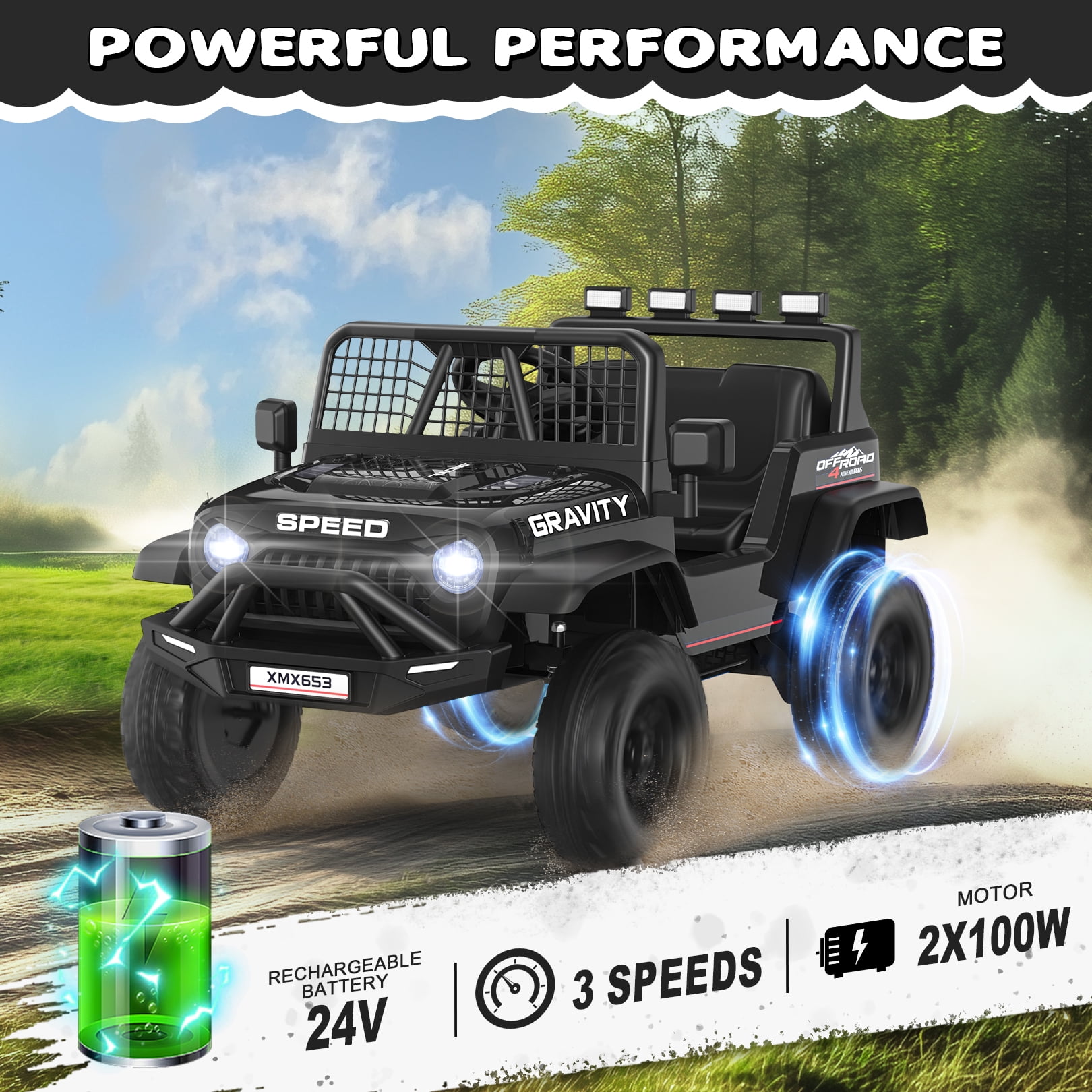 Funcid 24V Ride on Cars Truck with Remote Control, Electric Battery Powered Car with Spring Suspension, Ride on Toys for Kids, Built-in music, Cool LED Light, Bluetooth, USB, Black