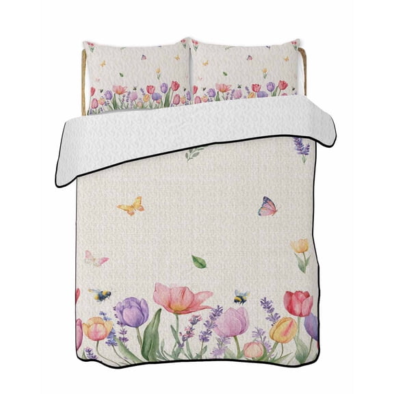 Quilts Twin-XL Size Bedding Set, Spring Tulips Lightweight Quilted Comforter, Colorful Floral Spring Farmhouse Linen Texture Soft Bedspread Coverlet with Pillow Covers for All Season, 68" x 98"