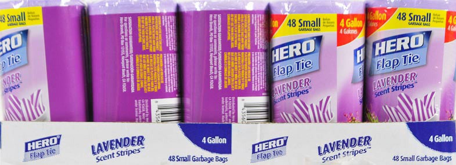 Hero Lavender Stripes Flap Tie Garbage Bags, 4 Gallon, 48 Ct