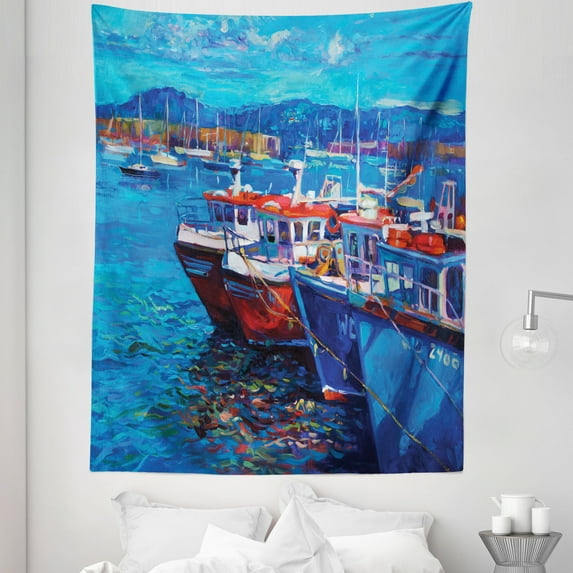 Beach Tapestry, Sail Boats Ships on the Shore Harbor by the Sea Small Rural Fishing Town Art, Fabric Wall Hanging Decor for Bedroom Living Room Dorm, 5 Sizes, Navy Red, by Ambesonne