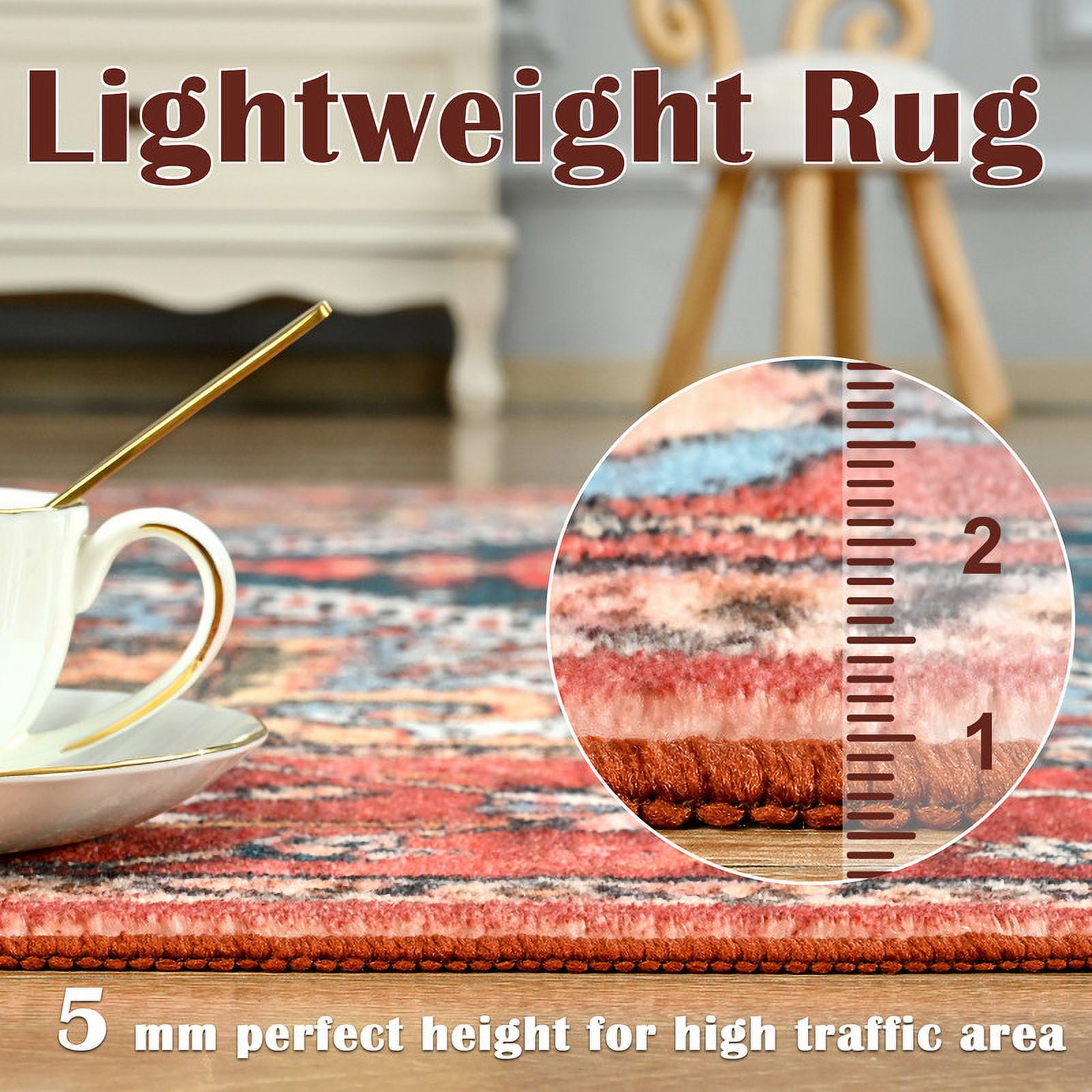 TWINNIS Bohemian Style Indoor Area Rug, Non-Slip Living Room Carpet, Red, 4' x 6'