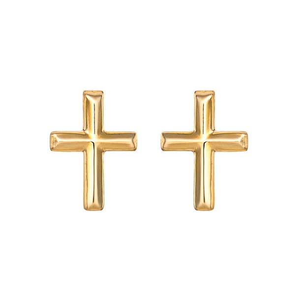 14K Solid Yellow Gold Small Cross Stud Earrings