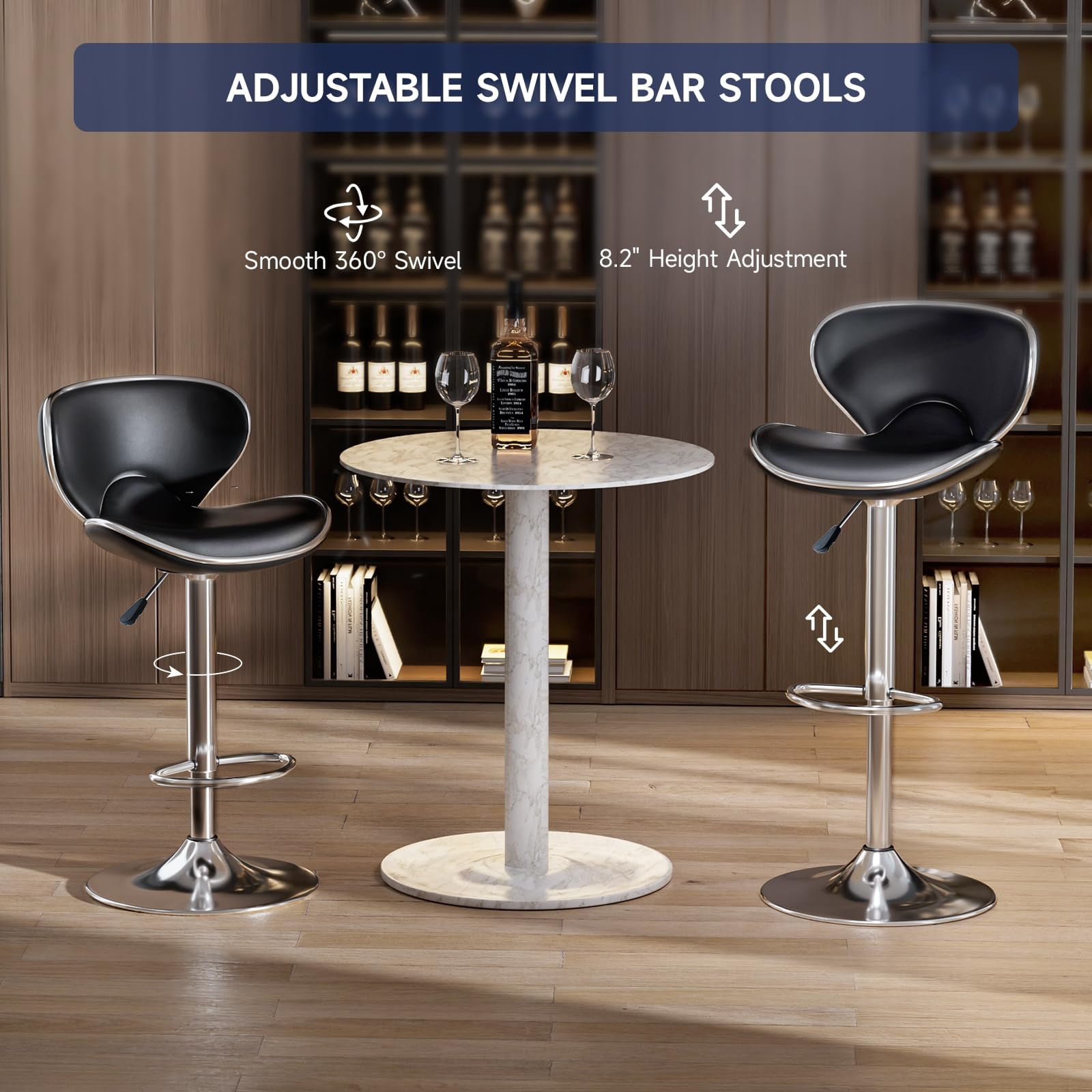 Adjustable Swivel Bar Stools Set of 2 , Modern PU Leather Upholstered Bar Chairs with Chrome Base for Kitchen Island, Dining Room, Pub, Counter (Black,Silver Base)
