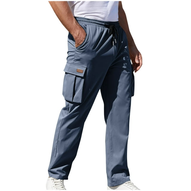 DPTALR Men Solid Casual Multiple Pockets Elastic Waist Long Pants Trousers