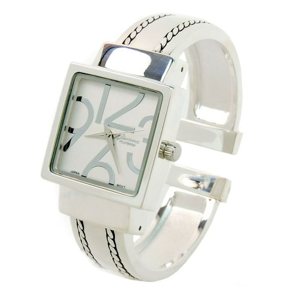 Silver Square Dial with Oversized Hours, Stitch Style Bangle Cuff Watch for Women
