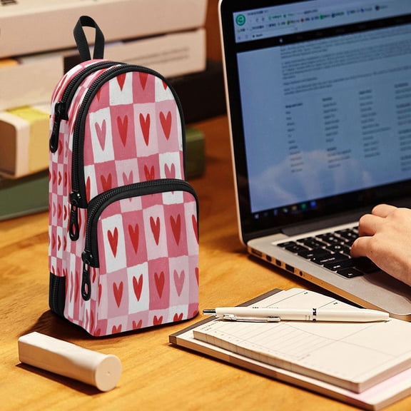 Backpack Pencil Case, 3 Compartment Large Capacity Oxford Fabric Pencil Pouch / Crayon Heart Checkers