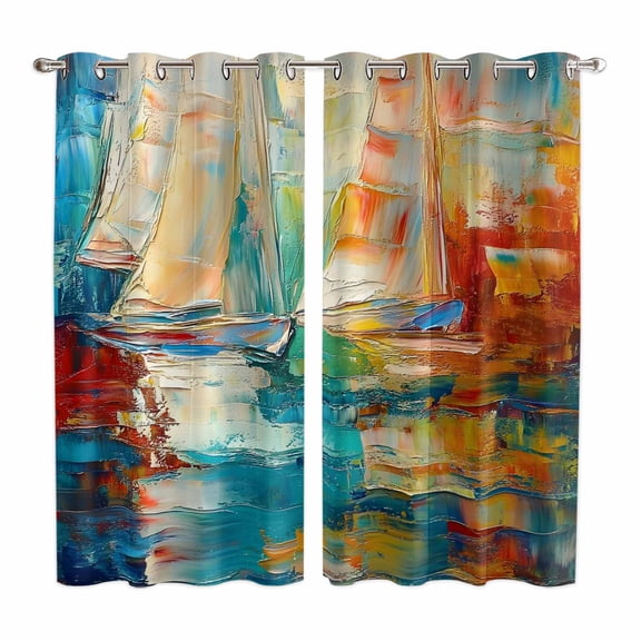 Nautical Boat Kitchen Curtains 84 Inch Length, Colorful Abstract Grunge Art Painting Grommet Top Bedroom Living Room Curtains, Light Filtering Cafe Curtain Drapes 2 Panels Set 104''x84''
