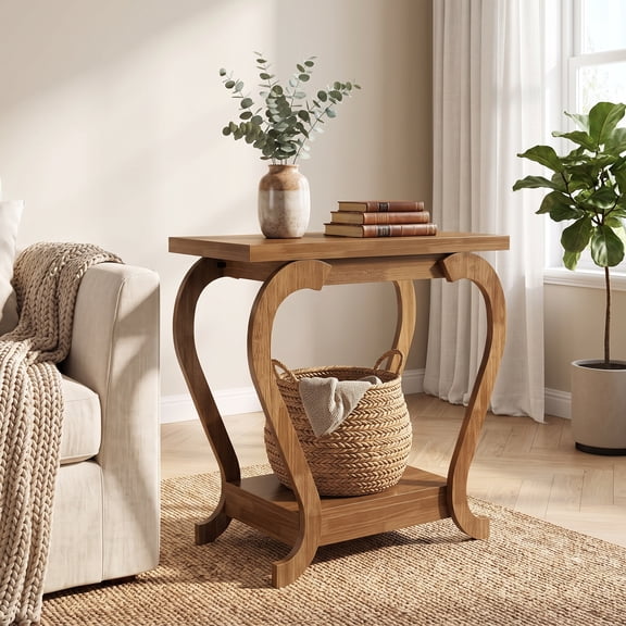 Fnova Curved‑Open‑Frame Side End Table, 2‑Tier Storage Console Table for Living Room, Bedroom, Entryway