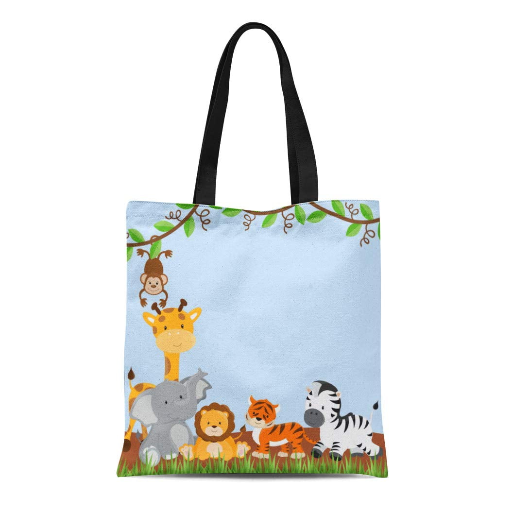 ASHLEIGH Canvas Tote Bag Safari Blue Cute Jungle Baby Giraffe Zebra