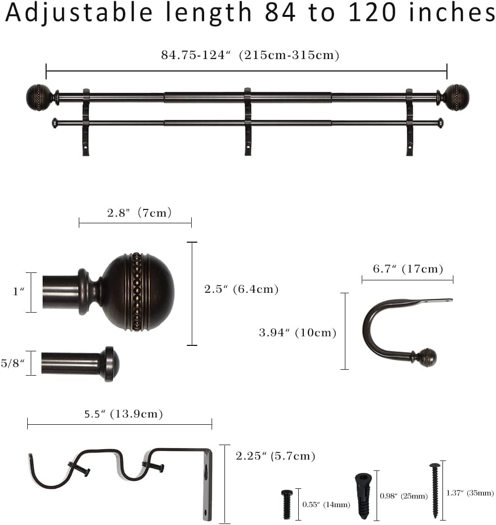 eTeckram 1" Double Curtain Rod with Sable Finials and holdbacks (84‘’-120‘’, Bronze gold)