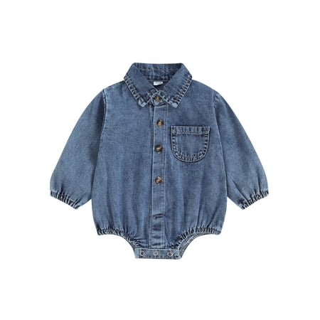 

Niceyoeuk Baby Boy Denim Romper Long Sleeve Lapel Collar Solid Color Bodysuit