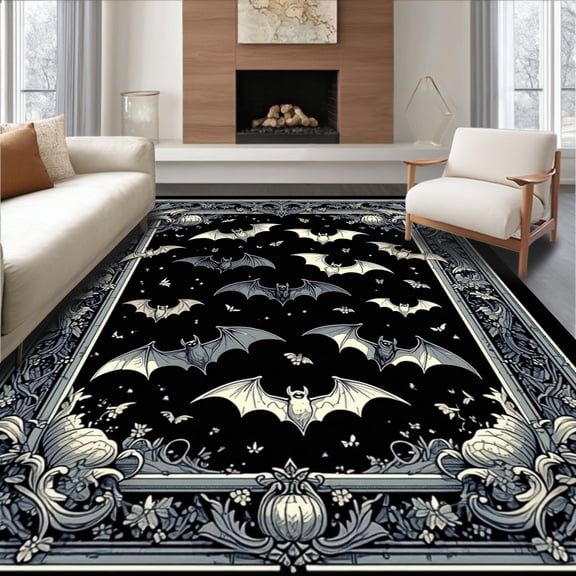 Flatwoven High Traffic Area Rug, Gothic Noir Bat Silhouettes, Non Slip, Stain Resistant, Washable Area Rugs for Living Room, Bedroom(Gray, 4X6)