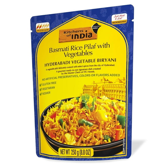 Kitchens of India Hyderabadi Vegetable Biryani - Basmati Rice Pilaf with Vegetables, 250g (8.8 OZ), Gourmet Ready to Eat Authentic Indian Dish