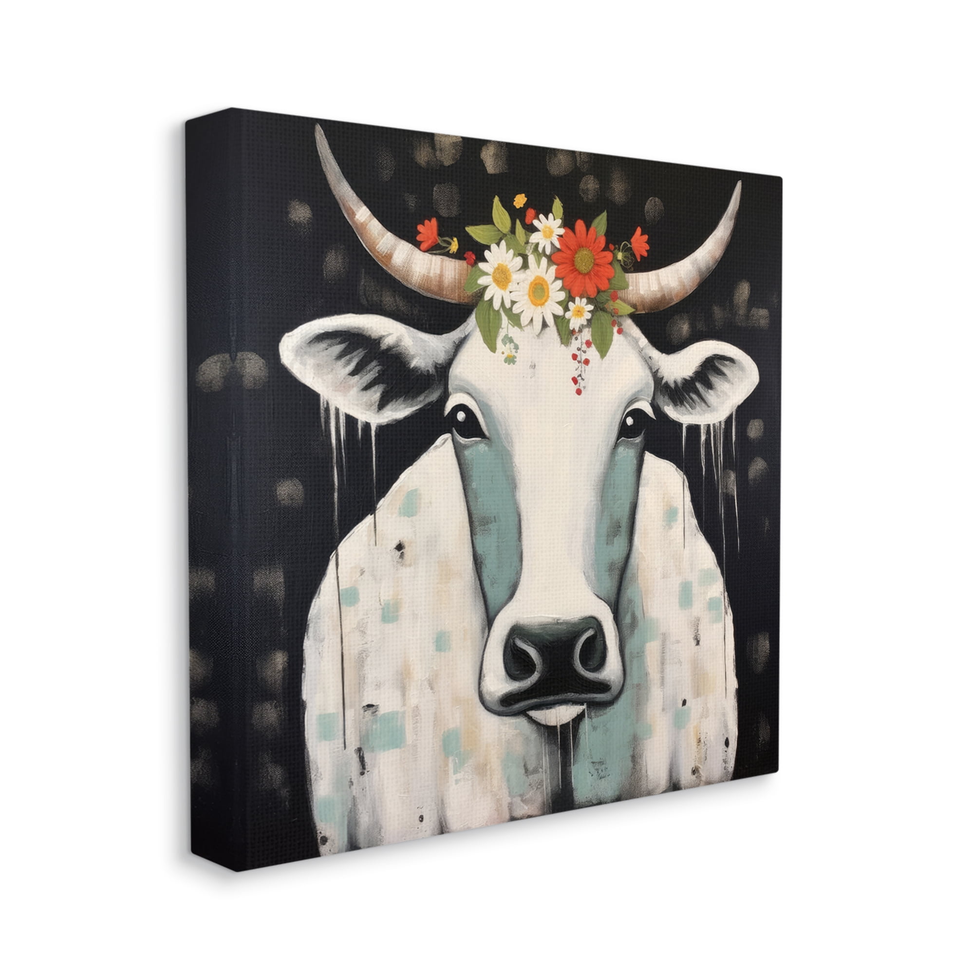 Stupell Industries Cow & Florals on Black Animals & Insects Painting Gallery Wrapped Canvas Art Print Wall Art, 24 x 24