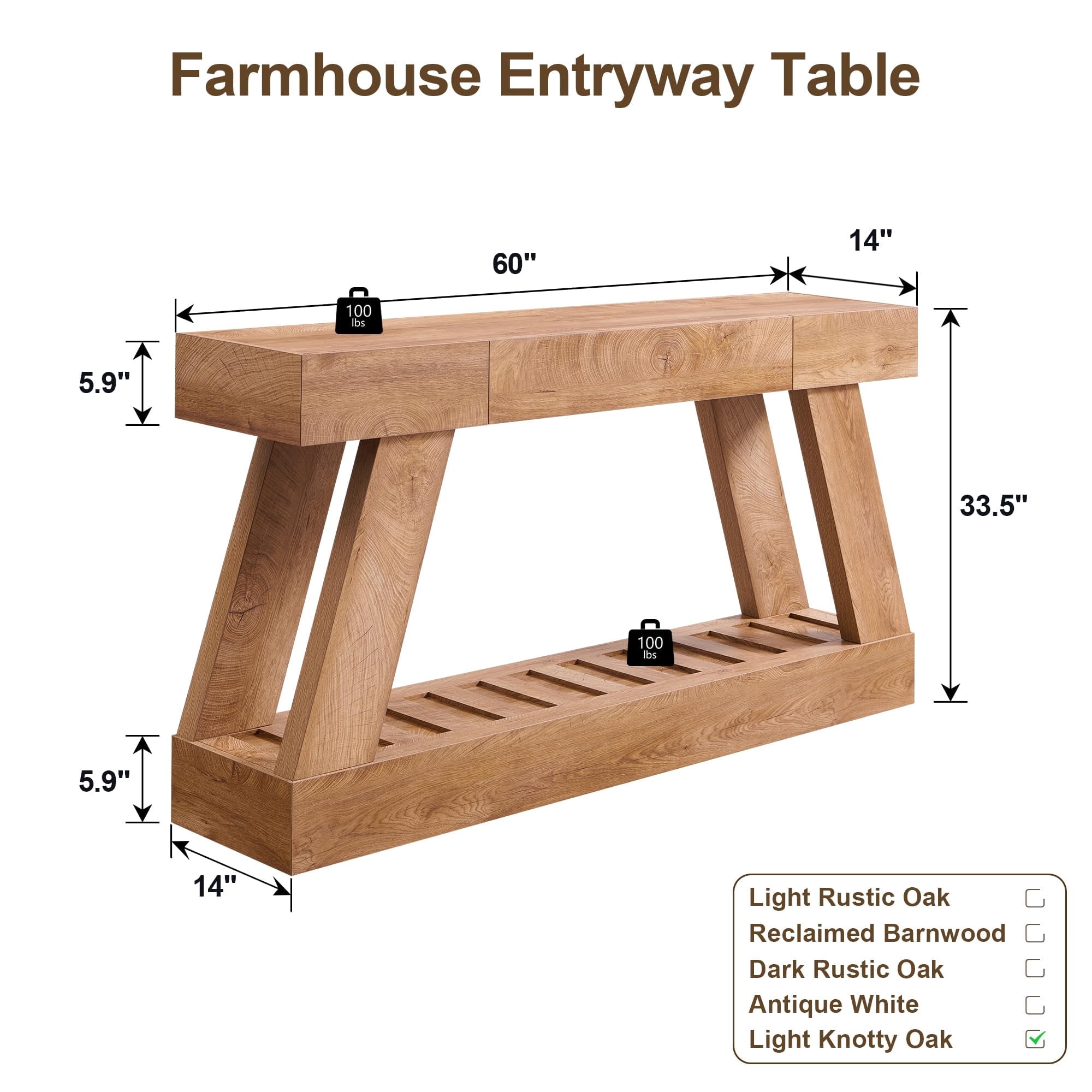 OKD 60" Wood Console Table, Farmhouse 2-Tier Sofa Table Entryway Table with Drawer & Heavy Duty Base for Entrance, Hallway, Living Room - Light Knotty Oak