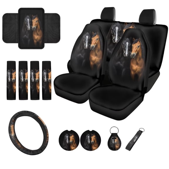 Chririnla 14 Pcs Horse Car Accessories Seat Covers Full Set Steering Wheel Cover Center Console Pad Cup Holders Seat Belt Pads Armrest Cover for Men