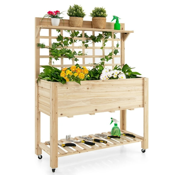 Gymax Raised Garden Bed 41.5'' x 16'' x 54'' Natural Fir Wood Planter Box with Wheels and Trellis