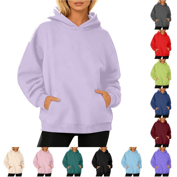 Xijirk Women Solid Pullover Hoodie Long Sleeve Kangaroo Pocket Oversized Casual Sweatshirt Light Purple,M