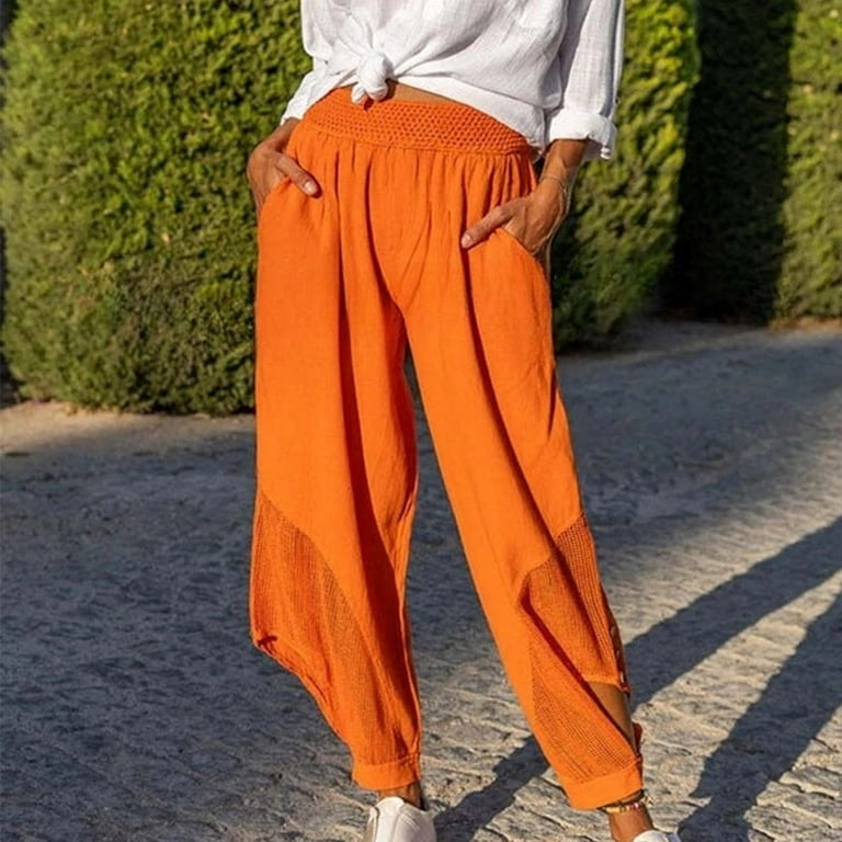 Womens Elastic Waist Linen Pants Cut Out Bottom Wide Leg Loose Beach Pants  with Pockets Plus Size Boho Trousers (Large, Orange)
