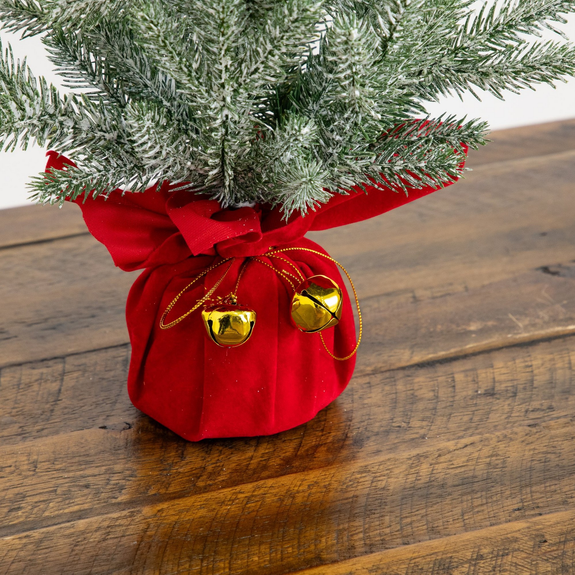 18in. Artificial Flocked Christmas Tree with Wrapped Velvet Base and Gold Bells - Set of 2