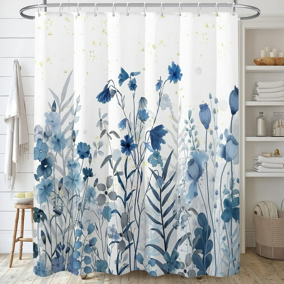 Blue Floral Shower Curtain,Navy Blue Lush Flowers Bathroom Shower Curtains Sets with 12 Hooks,Watercolor Pretty Botanical Leaves Blossom Bath Curtains,72x72in,Waterproof Fabric