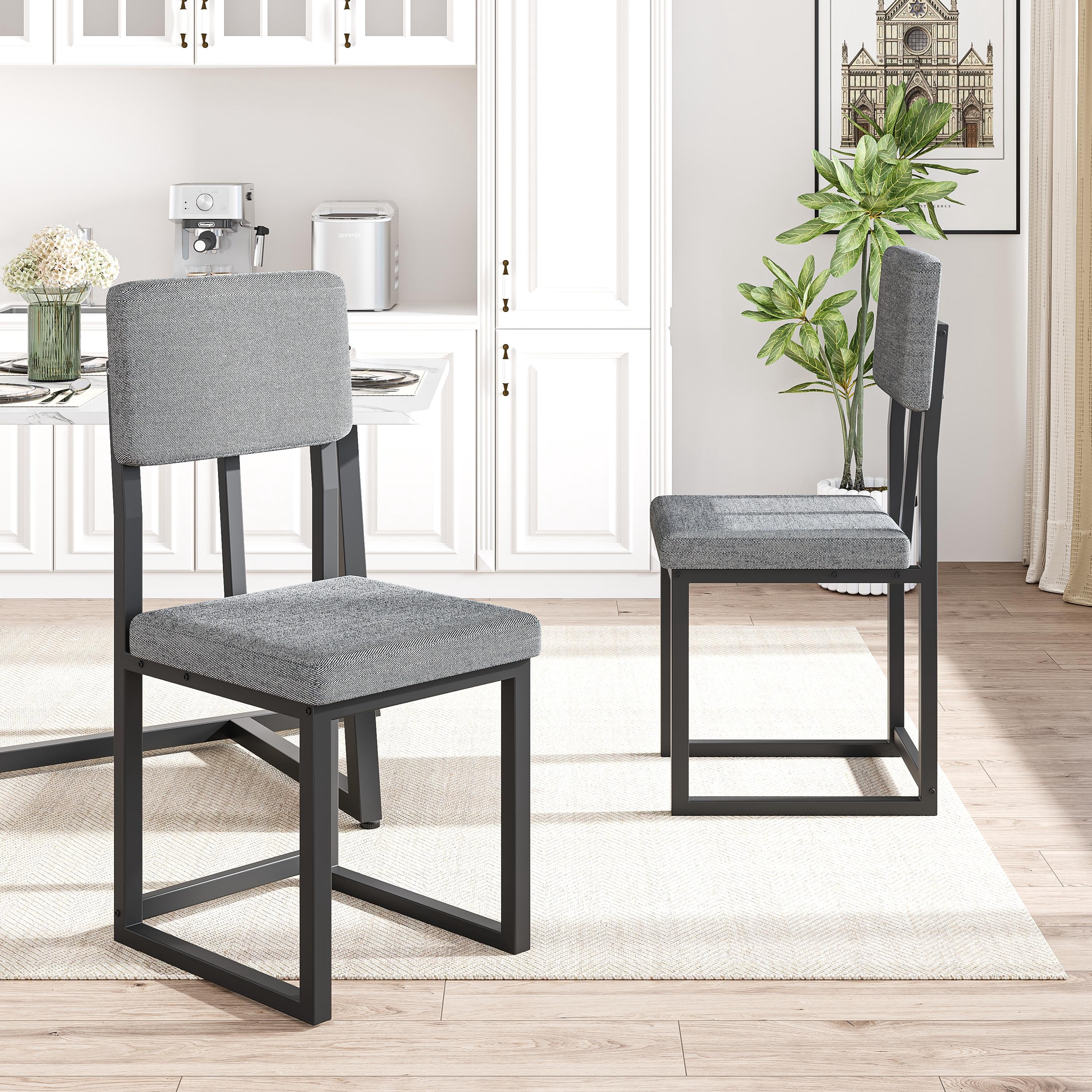 PAPROOS Dining Table Set for 4, 5 Piece Dining Room Table Set with Faux Marble Top and Fabric Upholstery Chairs, Modern Dinette Sets for Breakfast Nook, Kitchen Table and Chairs Set, White&Gray